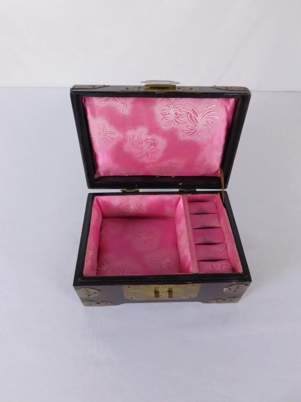 Vintage Chinese Wood Jewelry Box Brass Hardware Jade Inlay Style Lined Trinket